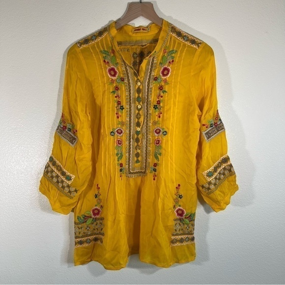 Johnny Was Tops - Johnny Was | Gold Embroidered Pintuck Blouse Small